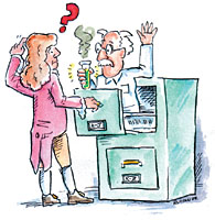 Illustration of Newton finding Einstein in a filing cabinet