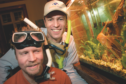 We've been working like cleaner shrimp on a huge turtle, says Stephan Becker (right), McGill School of the Environment grad, about creating the Beautiful Oceans educational program. Co-founder and fellow shrimp Ian Popple (left), grins at the thought of teaching in the Caribbean this winter while the rest of us slog through the Montreal slush. 