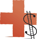 Illustration of ladder in shape of sollar symbol climbing a red cross